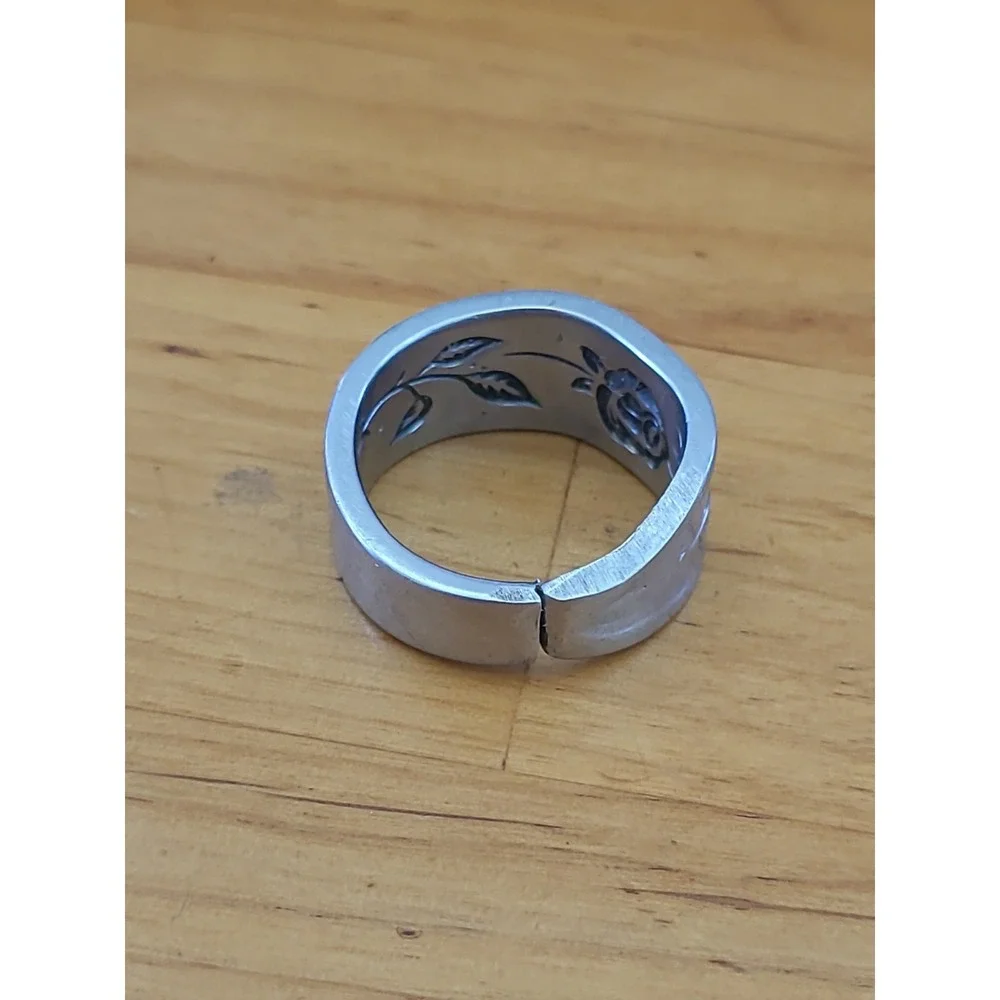 Vintage Floral Rose Spoon Ring Silver Tone Wide Band Size 11.5 12.54g